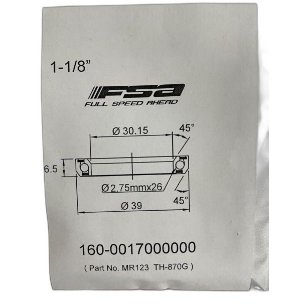 FSA 1-1/8" Headset Bearing |30.15*39*H6.5|45°x 45°|ACB MR123