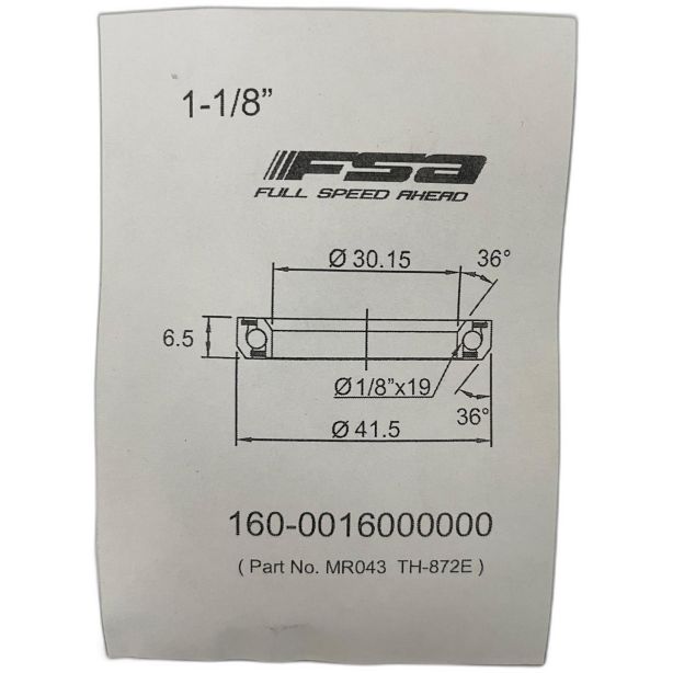FSA 1-1/8" Headset Bearing |30.15*41.5*H6.5|36° x 36°|ACB MR043 (TH-872E)